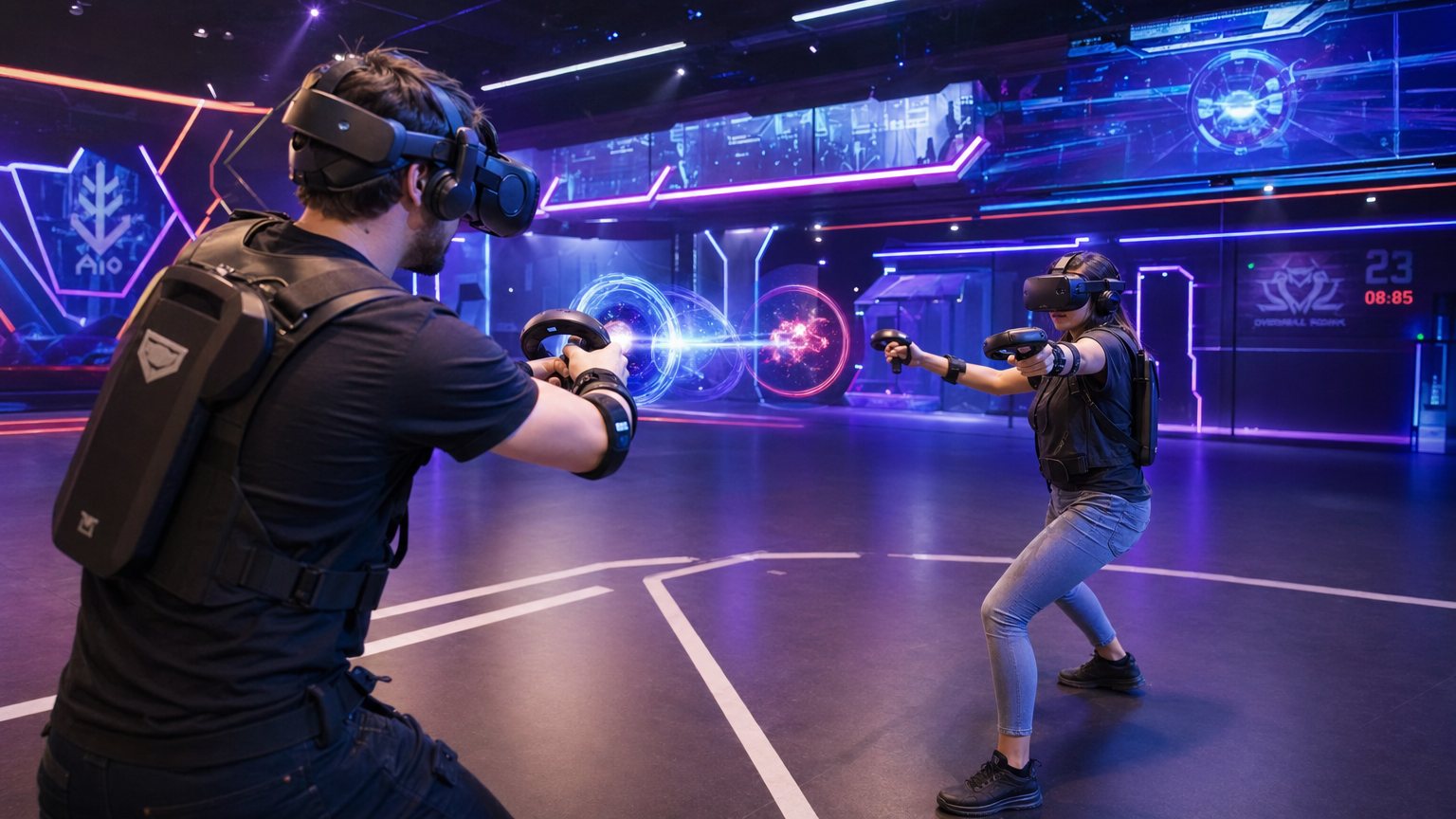 Two players in a free-roam VR arena